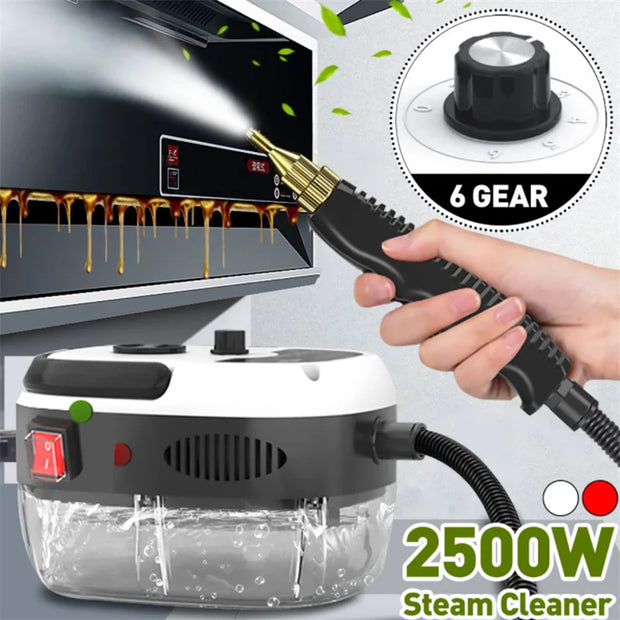 Steam cleaner with nozzle and power control knob, used to clean a computer screen.