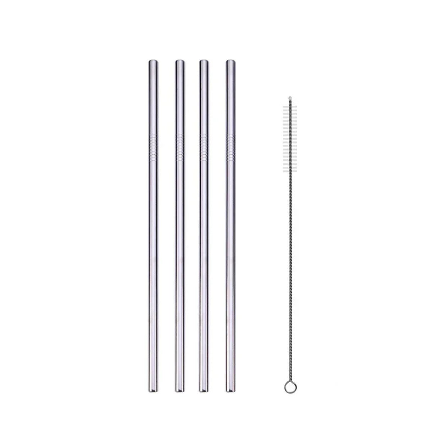 Set of metal straws with one being a cleaning brush on a white background