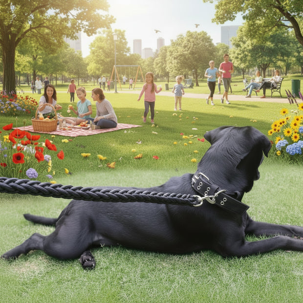 Black dog lying on grass with, text 'Traction rope Special for large dogs' at the top and bottom.