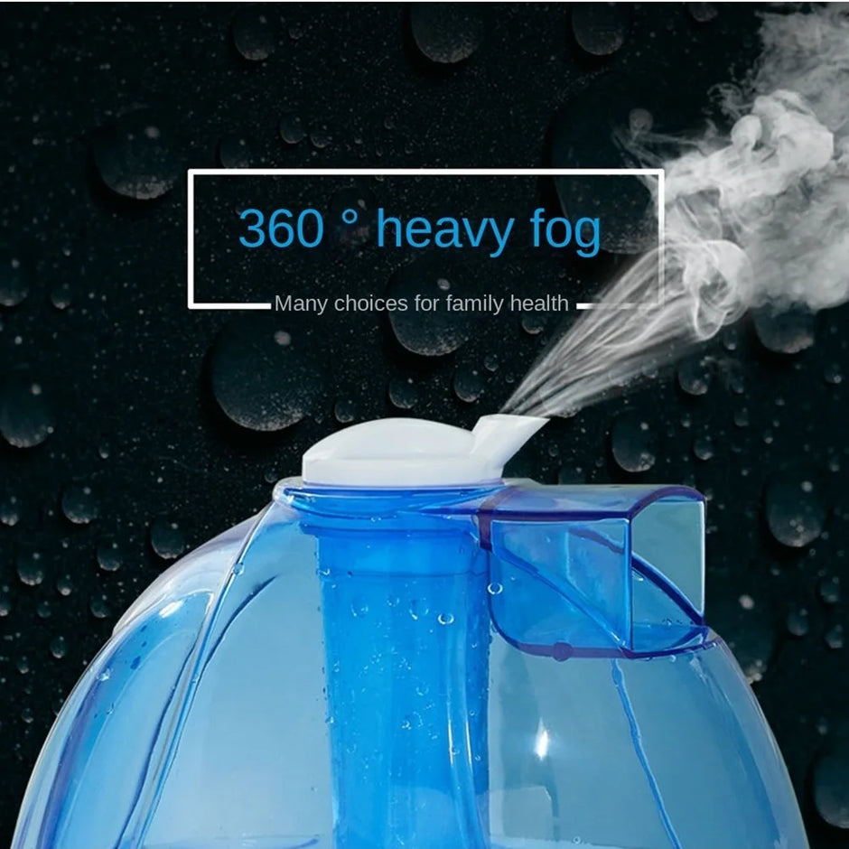 Blue humidifier emitting mist with text '360° heavy fog' on a dark background