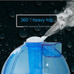 Blue humidifier emitting mist with text '360° heavy fog' on a dark background