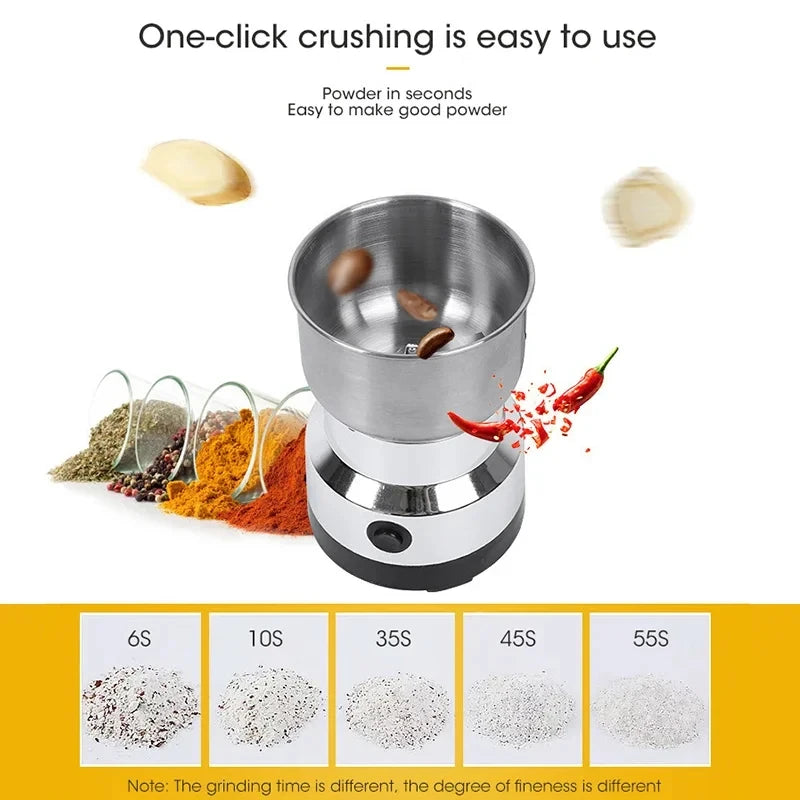 Stainless steel spice grinder with text on one-click crushing and grinding time indicators.