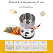 Stainless steel spice grinder with text on one-click crushing and grinding time indicators.