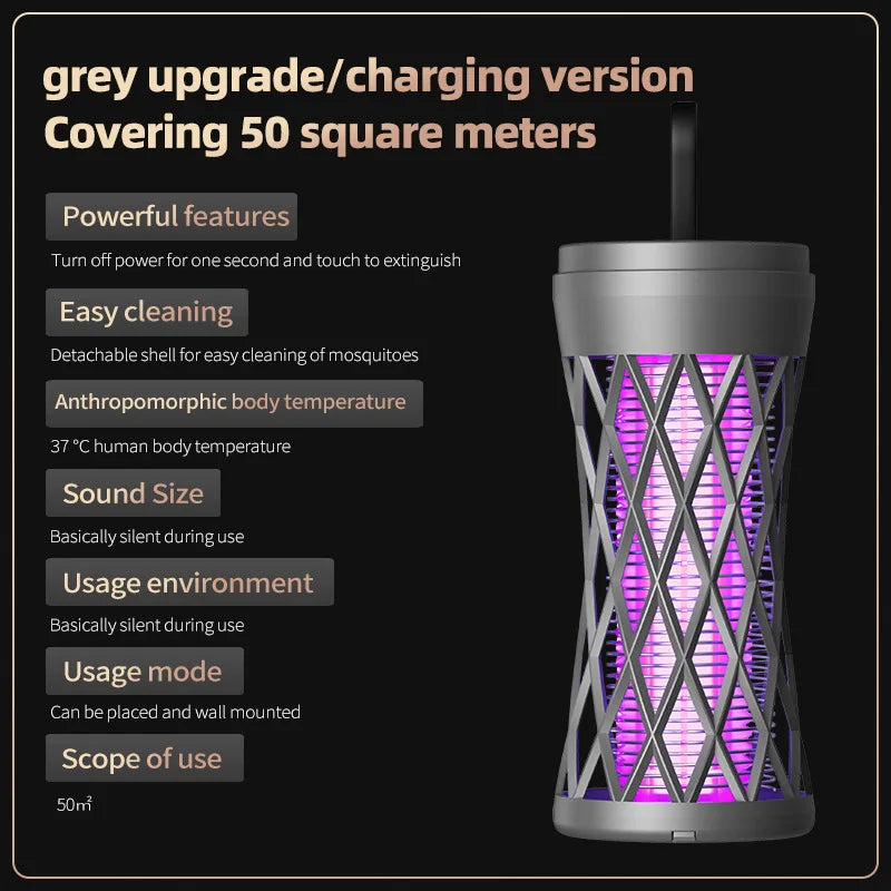 Insect repellent device with purple interior on a black background, featuring text about its features and specifications.