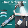 Ultra filter cartridge for shower with water flow and filtration process illustration.