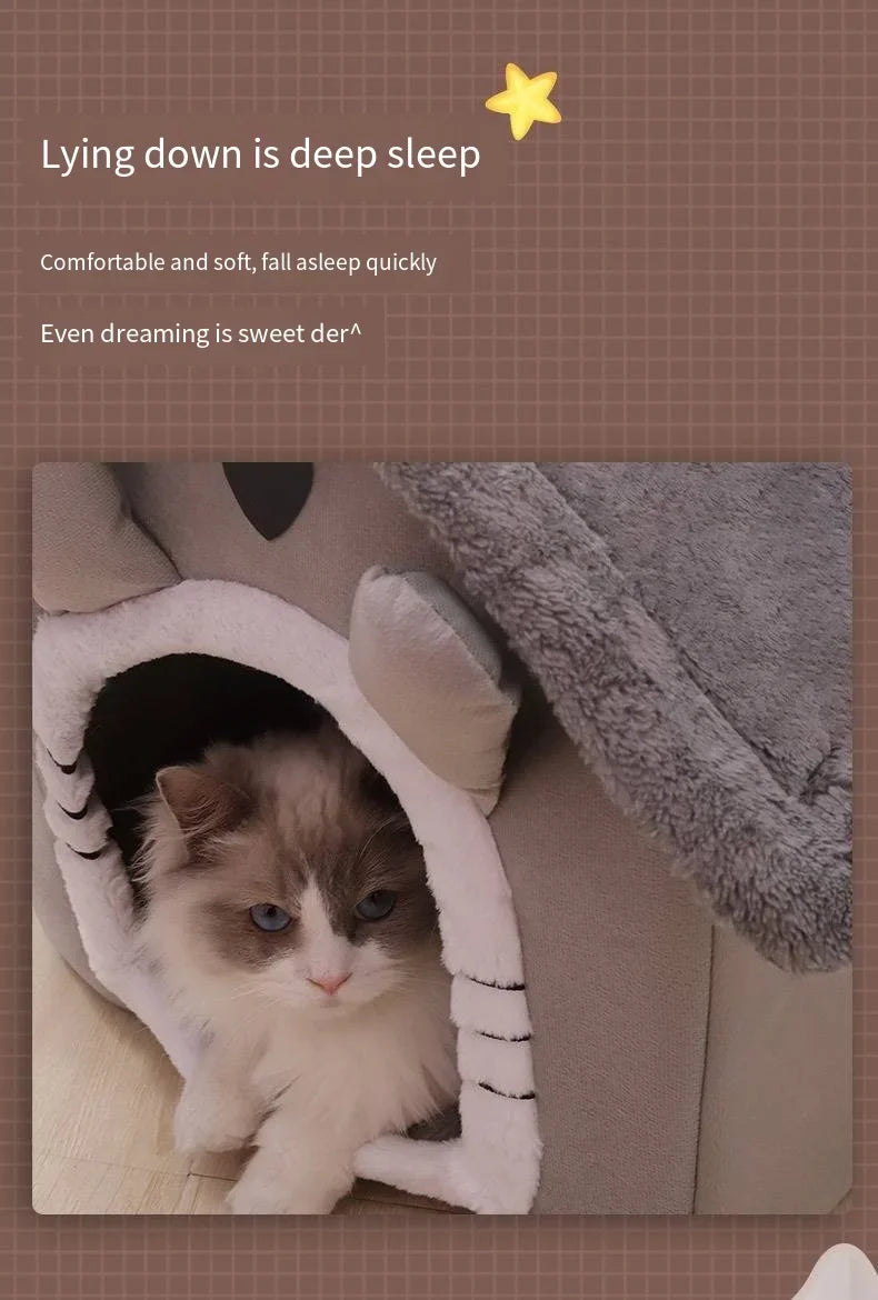 Cat lying down in a cozy cat bed with text about deep sleep and comfort.