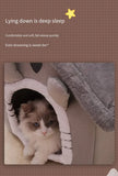 Cat lying down in a cozy cat bed with text about deep sleep and comfort.