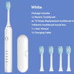 Electric toothbrush set with travel case, replacement heads, and user manual on a blue background
