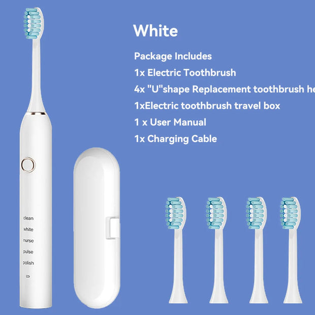 Electric toothbrush set with travel case, replacement heads, and user manual on a blue background