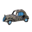 Small model car with blue interior and wheels on a white background