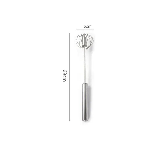 Stainless steel whisk with measurements on a white background