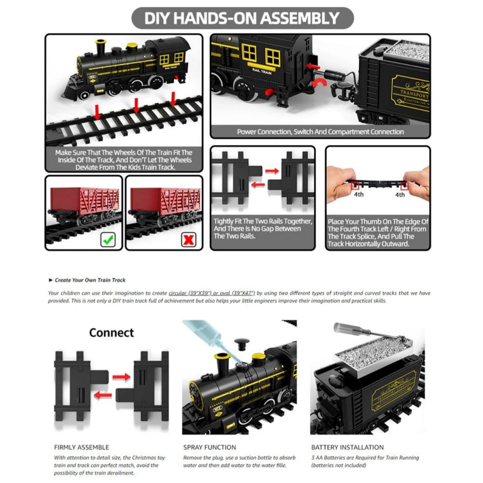 Step-by-step assembly instructions for a toy train set on a white background