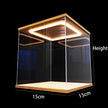 Glass display case with wooden top and bottom, dimensions labeled, on a black background