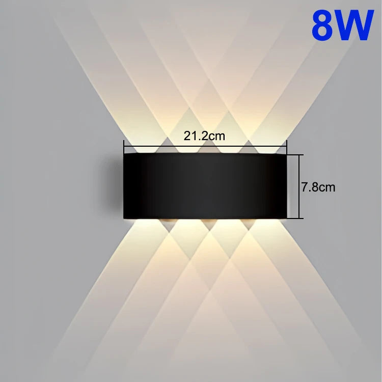 Wall-mounted light fixture with dimensions and power rating on a gray background