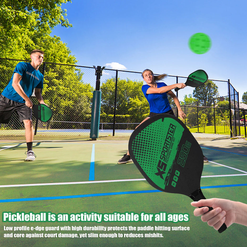 Two people playing pickleball on an outdoor court with a close-up of a pickleball paddle.