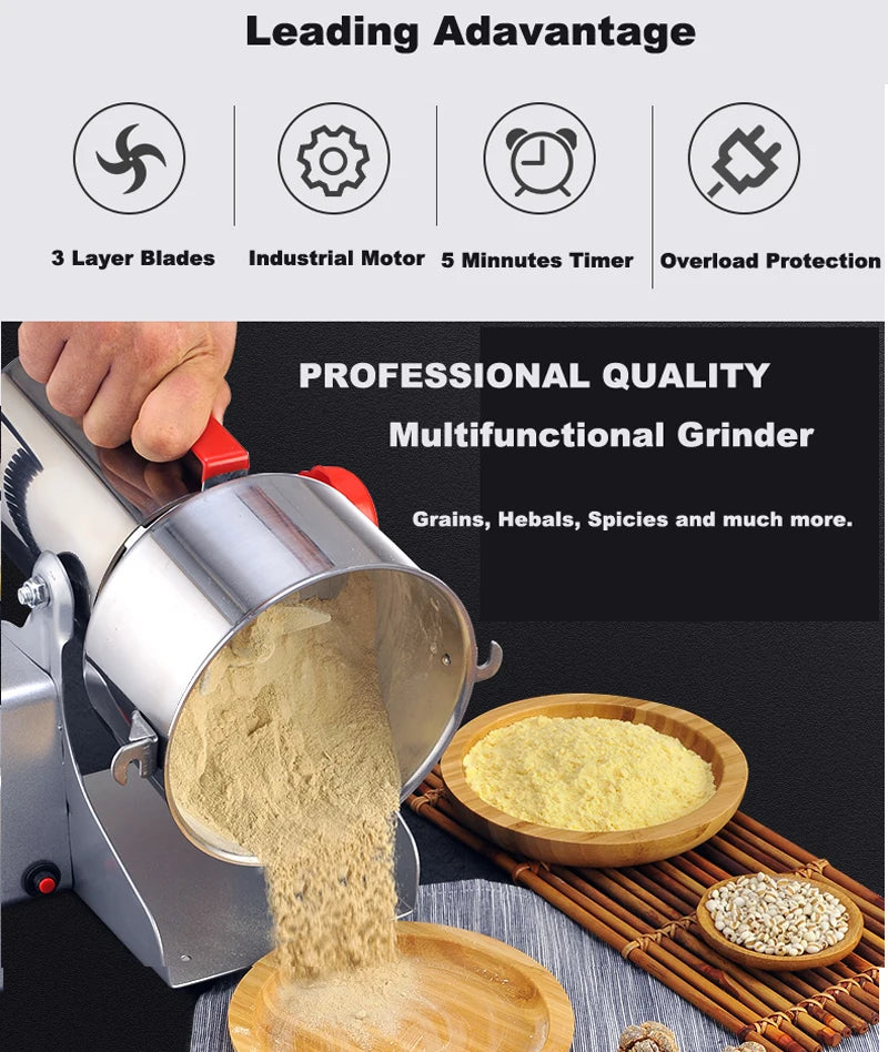 Multifunctional grinder with a hand pouring ground grains into a bowl, surrounded by spices and herbs.