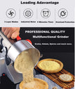 Multifunctional grinder with a hand pouring ground grains into a bowl, surrounded by spices and herbs.