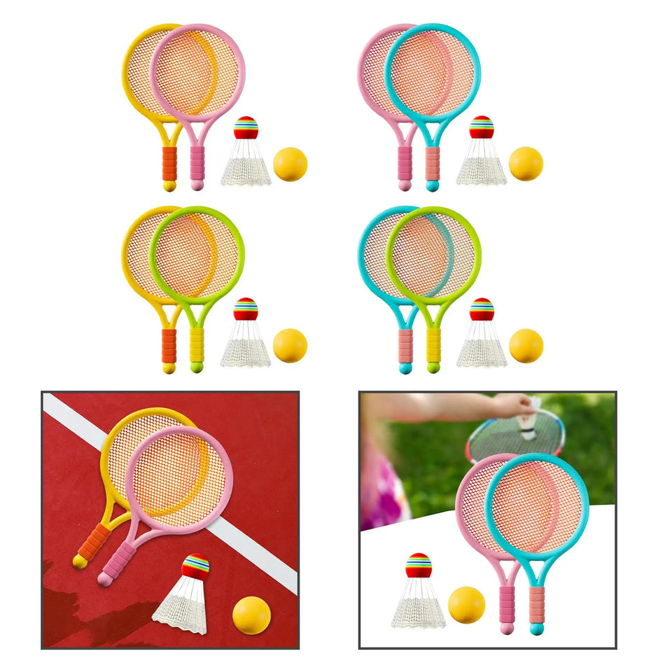 Colorful children's tennis rackets with balls and badminton shuttlecocks on a white background.