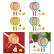 Colorful children's tennis rackets with balls and badminton shuttlecocks on a white background.