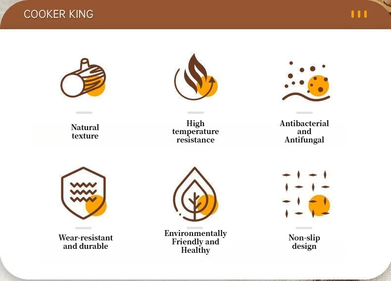 Features of Cooker King products including natural texture, high temperature resistance, antibacterial and antifungal properties, wear resistance and durability, environmental friendliness, and non-slip design.