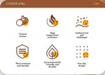 Features of Cooker King products including natural texture, high temperature resistance, antibacterial and antifungal properties, wear resistance and durability, environmental friendliness, and non-slip design.
