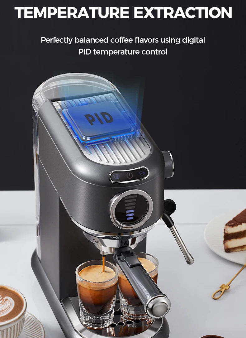 Coffee machine with digital PID temperature control displaying 'PID', surrounded by coffee cups and a cake.