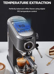 Coffee machine with digital PID temperature control displaying 'PID', surrounded by coffee cups and a cake.