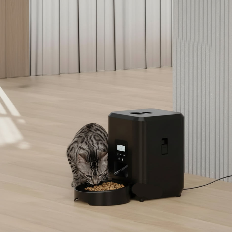 Cat sitting next to a black pet feeder on a wooden floor.