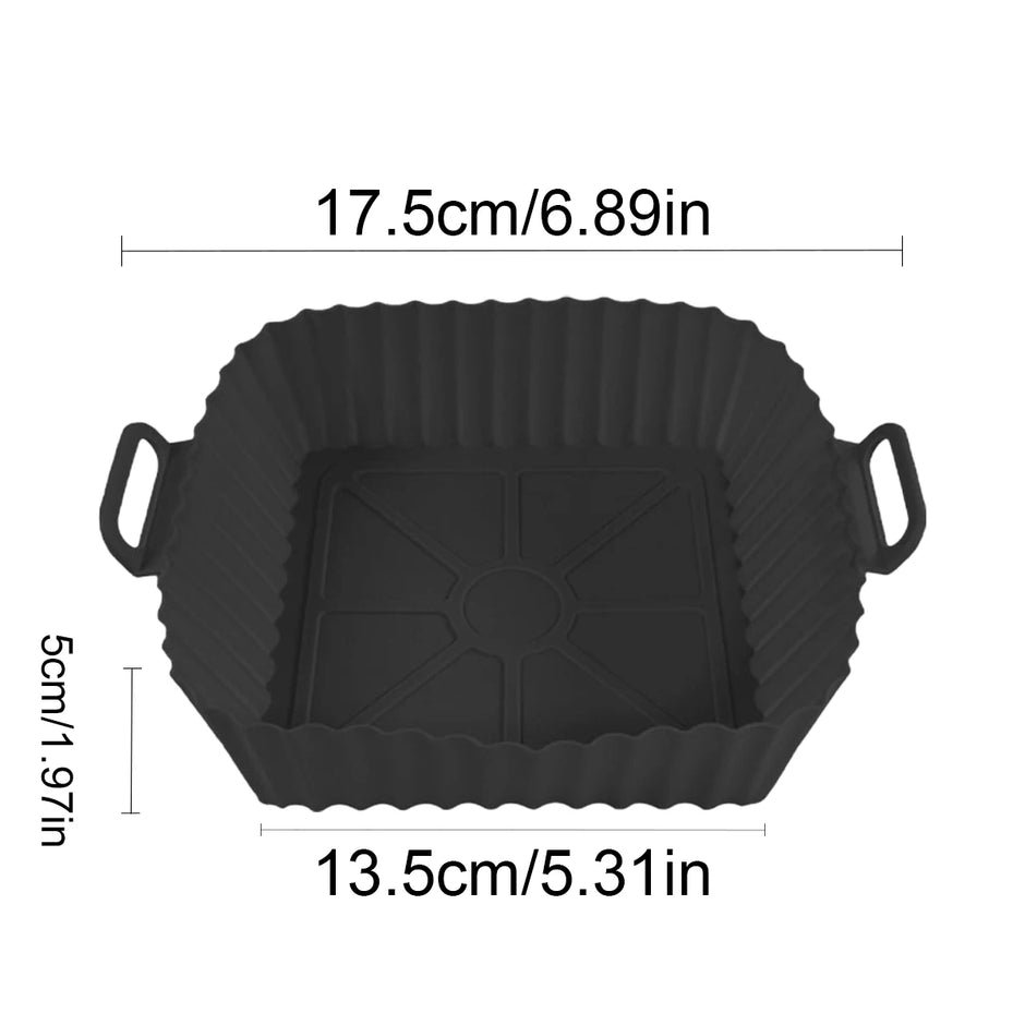 Black silicone bread mold with dimensions on a white background