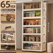 Storage cabinet with product display, showing dimensions and features.