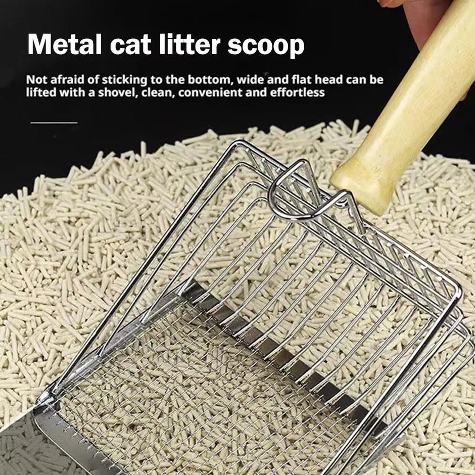 Metal cat litter scoop on a bed of cat litter with text describing its features.