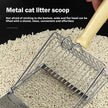 Metal cat litter scoop on a bed of cat litter with text describing its features.