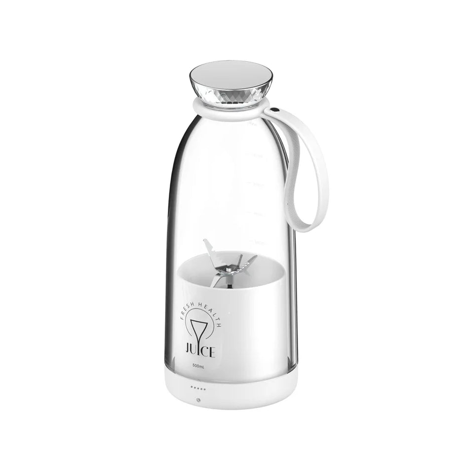 Clear glass bottle with silver cap and handle on a white background