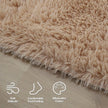 Close-up of a beige shaggy rug on a wooden floor with icons and text describing its features.