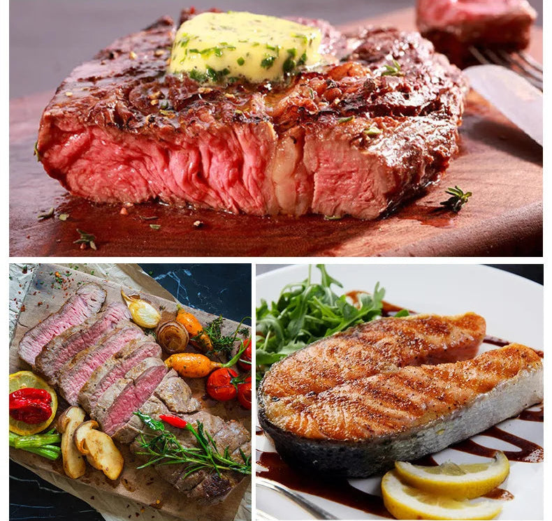 Assorted images of cooked meats with garnishes on a wooden board.