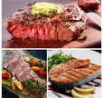 Assorted images of cooked meats with garnishes on a wooden board.