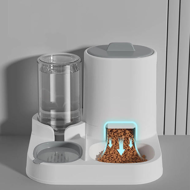 Pet feeder with water dispenser on a gray surface