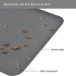 Gray mat with food and water spillage, labeled features, on a white background