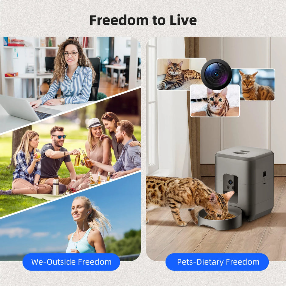 Collage of people outdoors, a person at a desk, and a cat eating from an automatic feeder with 'Freedom to Live' text.