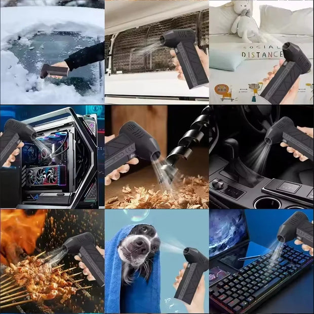 Collage of various uses for a handheld device, including snow removal, car cleaning, and cleaning tasks.