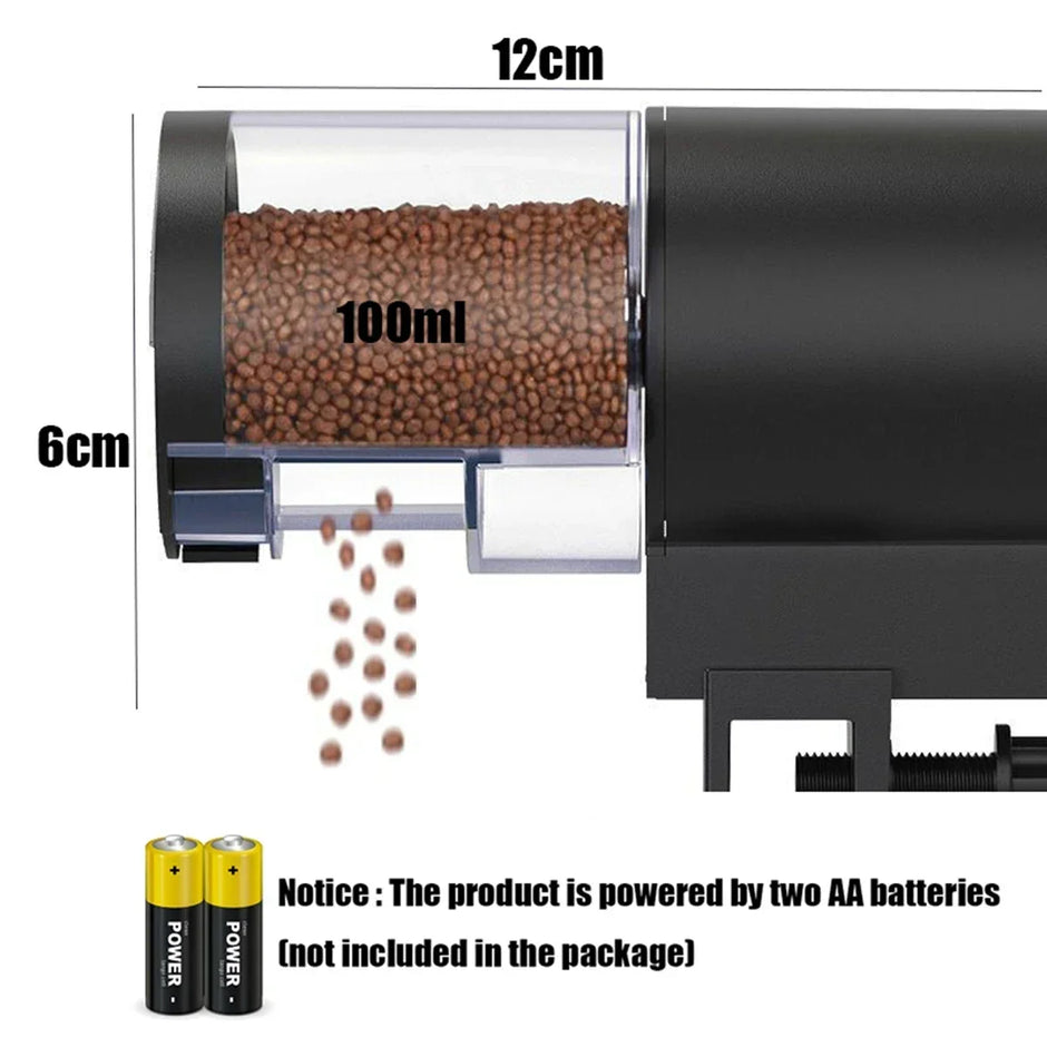Pet food dispenser with measurement details and battery power indicator.