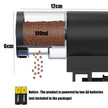Pet food dispenser with measurement details and battery power indicator.
