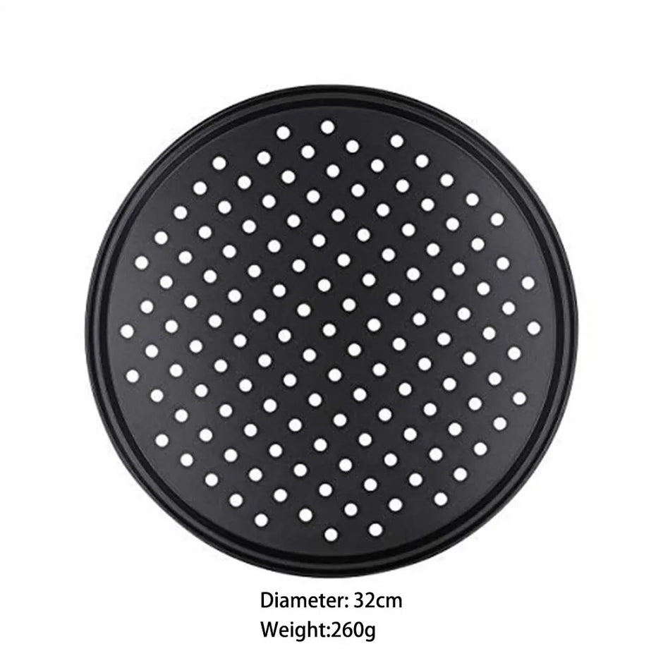 Black pizza pan with holes on a white background