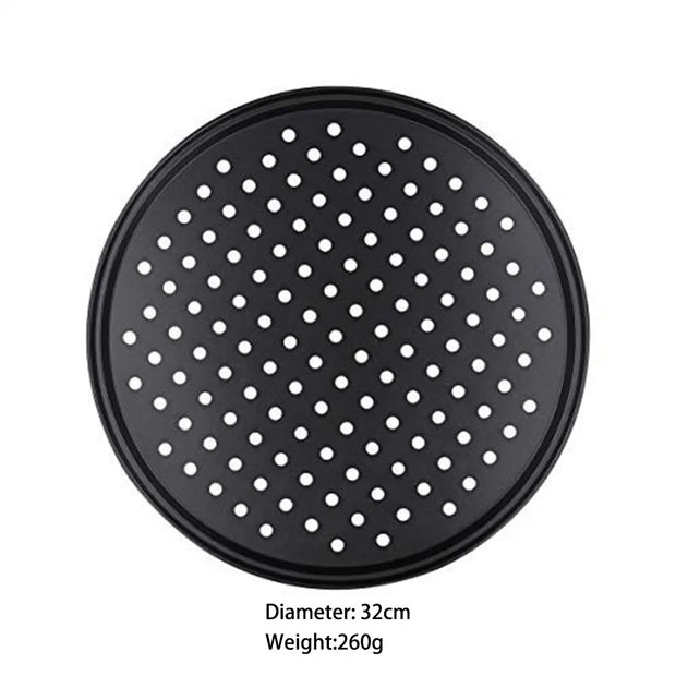 Black pizza pan with holes on a white background