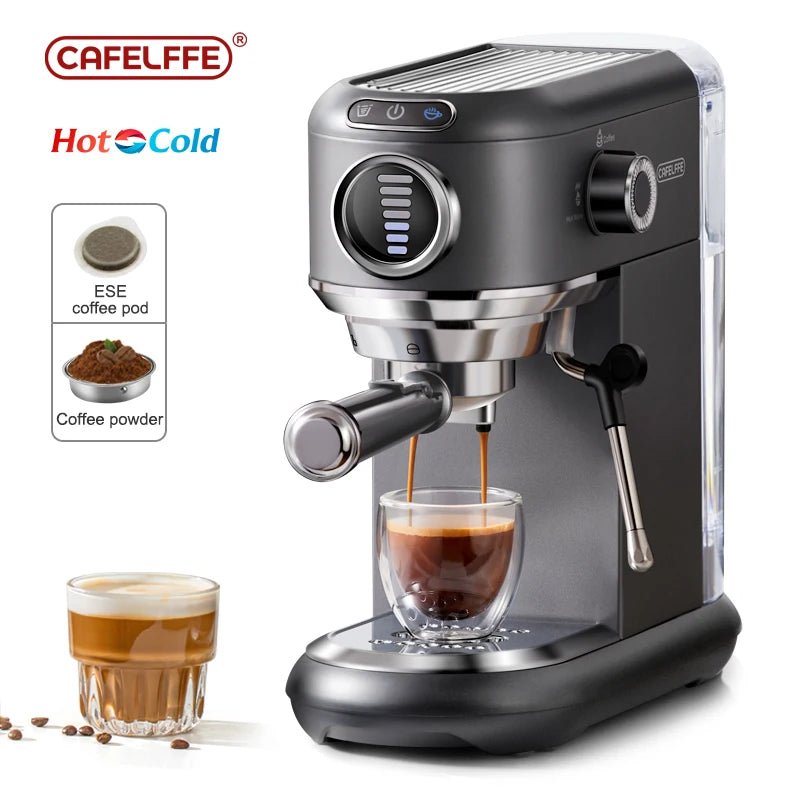 Cafelaffe espresso machine with a glass of coffee and coffee pod on a white background
