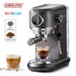Cafelaffe espresso machine with a glass of coffee and coffee pod on a white background
