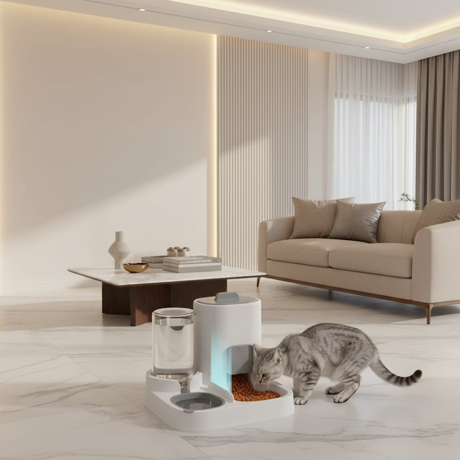 Pet feeding and water station with transparent water container and food compartment on a gray background