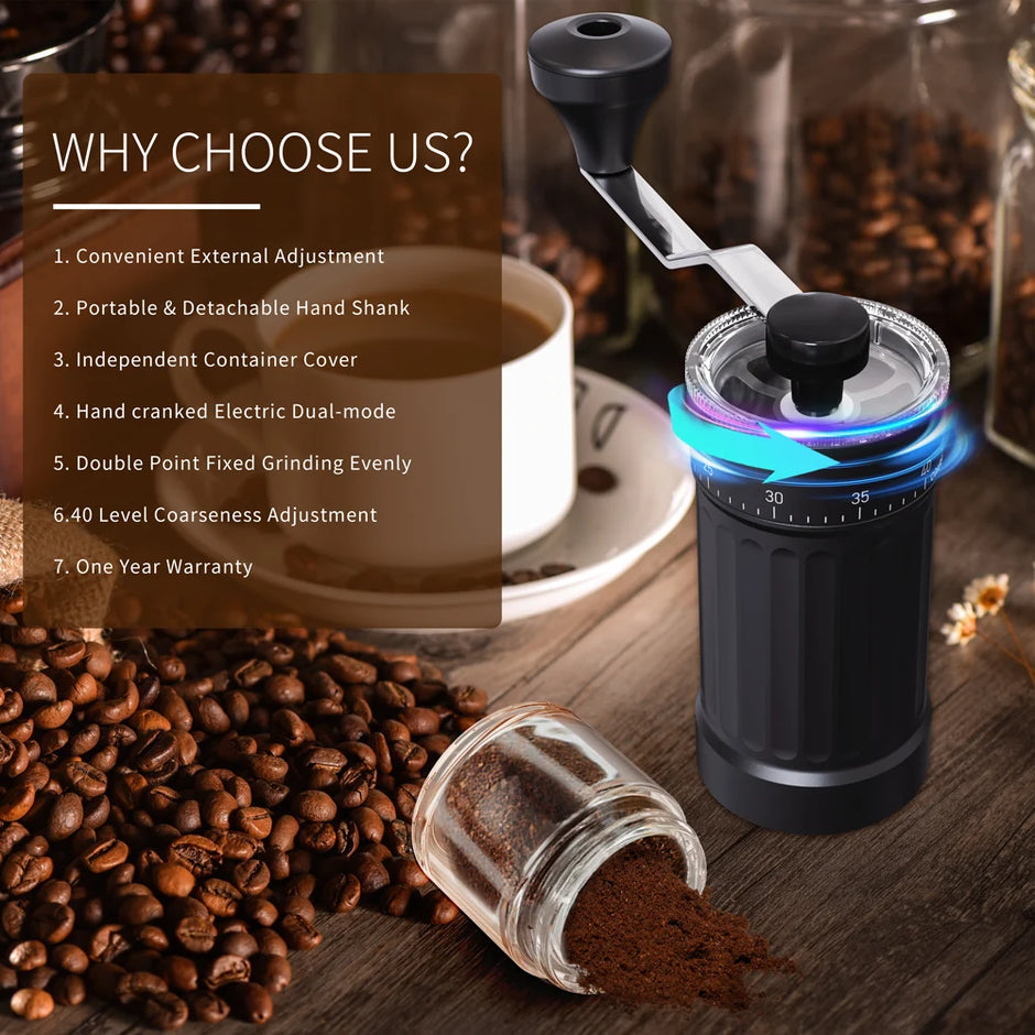 Coffee grinder with coffee beans and ground coffee on a wooden surface, featuring text about product features.