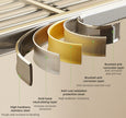 Close-up of a metal strip with anti-corrosion layers and text labels on a neutral background