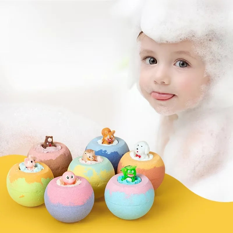 Colorful bath bombs with cartoon characters on a yellow surface, with a child in the background.